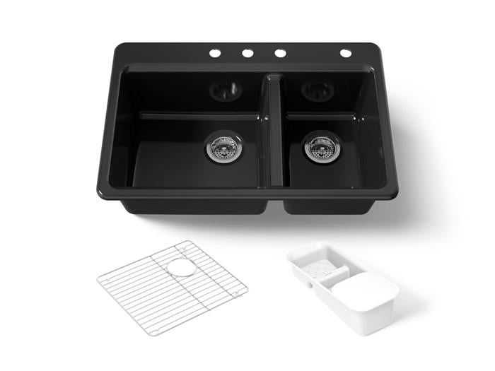 Kohler - Riverby 33 Inch Top-Mount Offset Double-Bowl Workstation Kitchen Sink With Accessories - 4-Hole