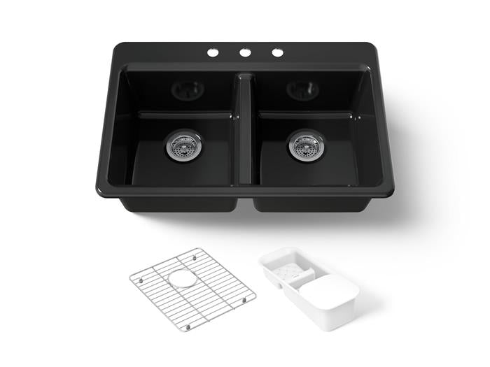 Kohler - Riverby 33 Inch Top-Mount Double-Bowl Workstation Kitchen Sink With Accessories - 3-Hole