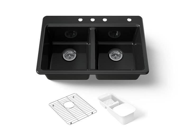 Kohler - Riverby 33 Inch Top-Mount Double-Bowl Workstation Kitchen Sink With Accessories - 4-Hole