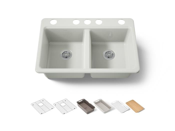 Kohler - Riverby 33 Inch Undermount Double-Bowl Workstation Kitchen Sink With Accessories - 5 Hole