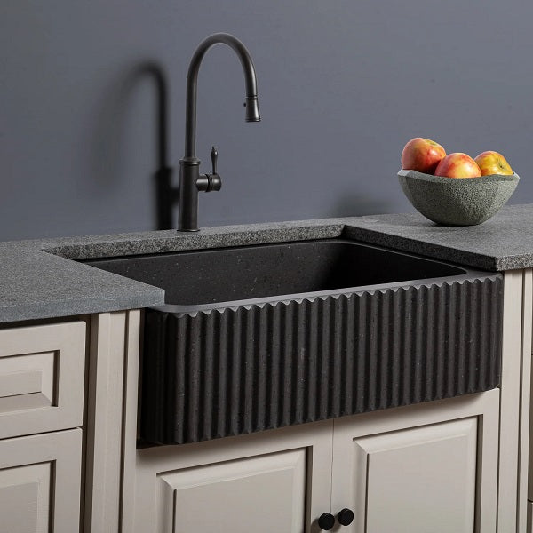 Stone Forest - Fluted Apron Farmhouse Sink - Honed Black Granite