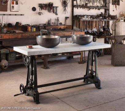 Stone Forest - Cast Iron Industrial Console W/ 2 Inch Luna Bianca Marble Top