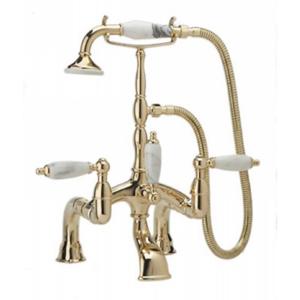 Phylrich - Old Tyme Deck Mounted Exposed Tub & Shower Set, White Marble Lever Handles
