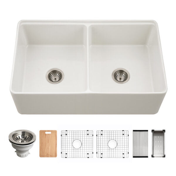 Hamat - Kilncrest 33 Inch Apron-Front Fireclay Workstation Double Bowl Kitchen Sink