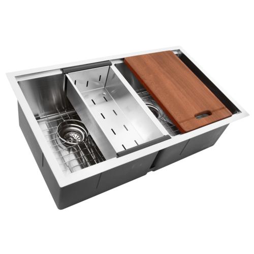 Nantucket Sinks - Double Equal Prep Station Small Radius Undermount Stainless Sink with Accessories