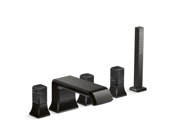 Kallista - Bezel Deckmount Bath Faucet with Diverter and Handshower, Nero Marquina Stone Handles