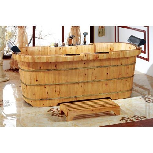 Alfi - 65 Inch 2 Person Free Standing Cedar Wooden Bathtub with Fixtures & Headrests