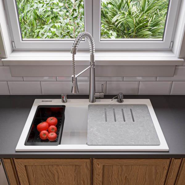 Alfi - 33 Inch Granite Composite Workstation Step Rim Single Bowl Drop In Sink with Accessories