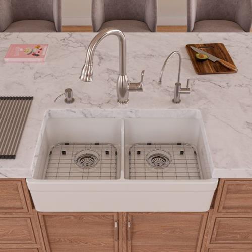 Alfi - 32 Inch Short Wall Double Bowl Lip Apron Fireclay Farmhouse Kitchen Sink