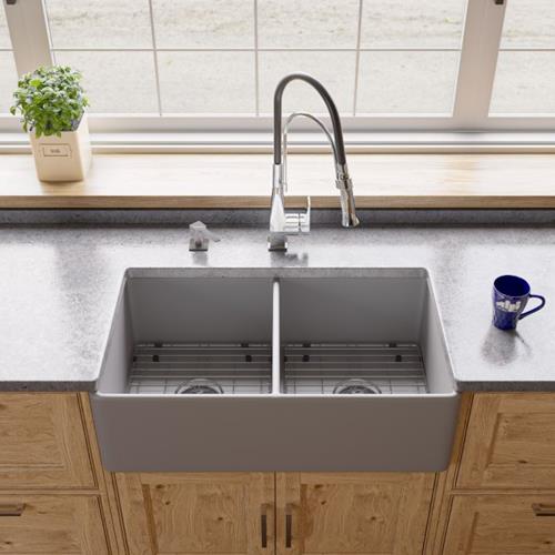 Alfi - Smooth Apron 33 Inch x 18 Inch Double Bowl Fireclay Farm Sink