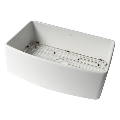 Alfi - White Smooth Curved Apron 30 Inch x 20 Inch Single Bowl Fireclay Farm Sink with Grid