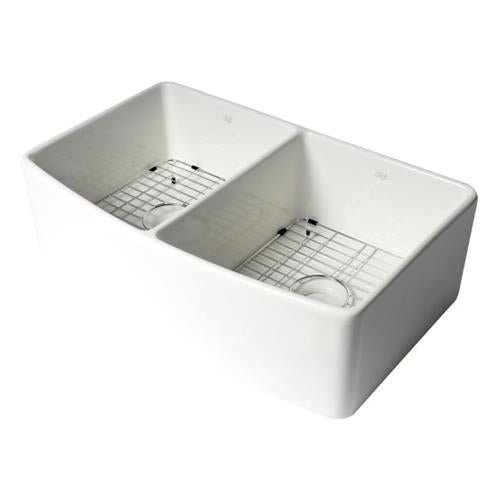 Alfi - White Smooth Curved Apron 33 Inch x 20 Inch Double Bowl Fireclay Farm Sink with Grid