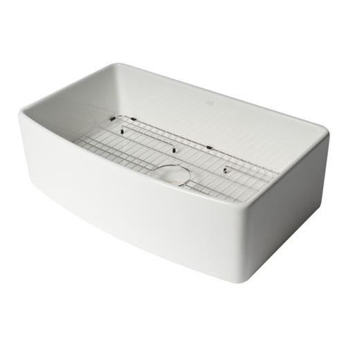 Alfi - White Smooth Curved Apron 33 Inch x 20 Inch Single Bowl Fireclay Farm Sink with Grid