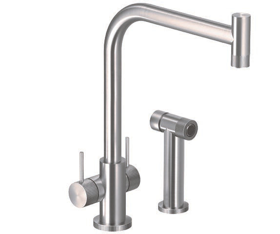 Hamat - Knob Contemporary Dual Kitchen Faucet in Brushed Stainless Steel with Side Spray