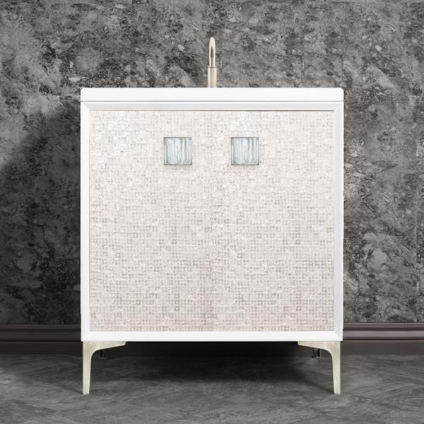 Linkasink - Mother Of Pearl With 3 Inch White Tiger Prism Artisan Glass Hardware 30 Inch Wide White Vanity