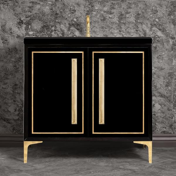 Linkasink - Linea With 18 Inch Eglomise Prism Artisan Glass Hardware 36 Inch Wide Black Vanity