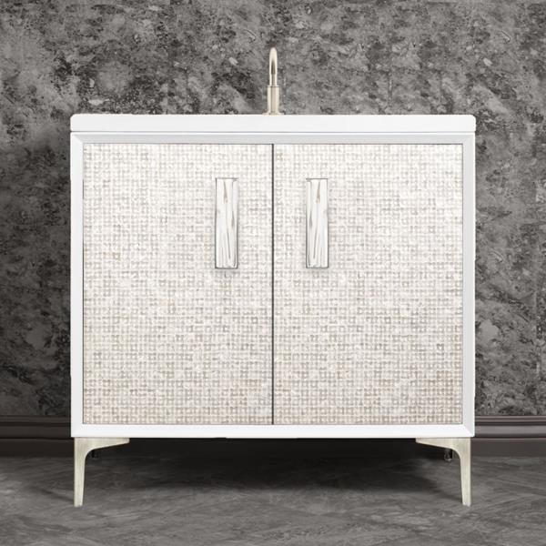 Linkasink - Mother Of Pearl With 8 Inch White Tiger Prism Artisan Glass Hardware 36 Inch Wide White Vanity