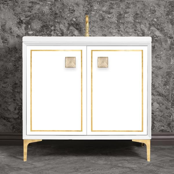 Linkasink - Linea With 3 Inch Eglomise Prism Artisan Glass Hardware 36 Inch Wide White Vanity
