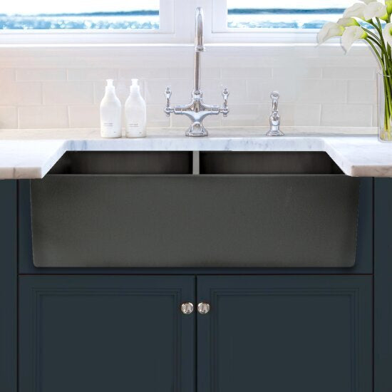 Nantucket Sinks - Double Bowl Farmhouse Fireclay Sink With Matte Black Finish