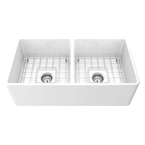 Nantucket Sinks - 33 Inch Double Bowl White Farmhouse Fireclay Kitchen Sink