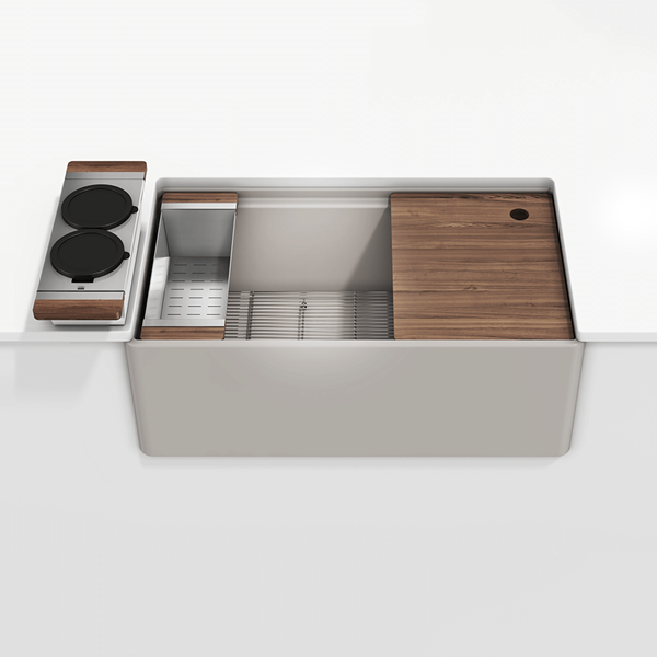 Julien - Fira 33 Inch Single Bowl Workstation Kitchen Set Matte Taupe Fireclay with Walnut acc. 33x19x11-1/2