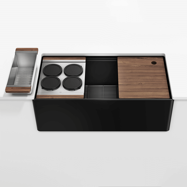 Julien - Fira 36 Inch Single Bowl Workstation Kitchen Set Matte Black Fireclay, Walnut acc. 36X19X11-1/2