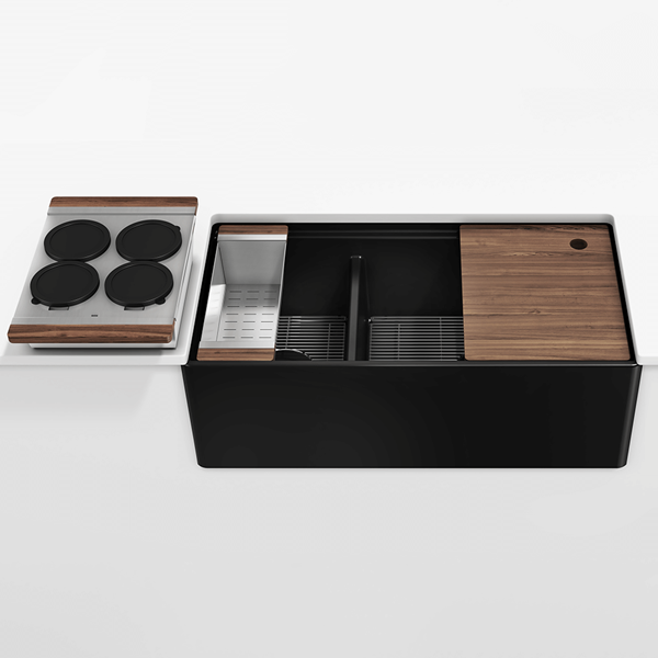Julien - Fira 36 Inch Double Bowl Workstation Kitchen Set Matte Black Fireclay Walnut acc. 36X19X11-1/2