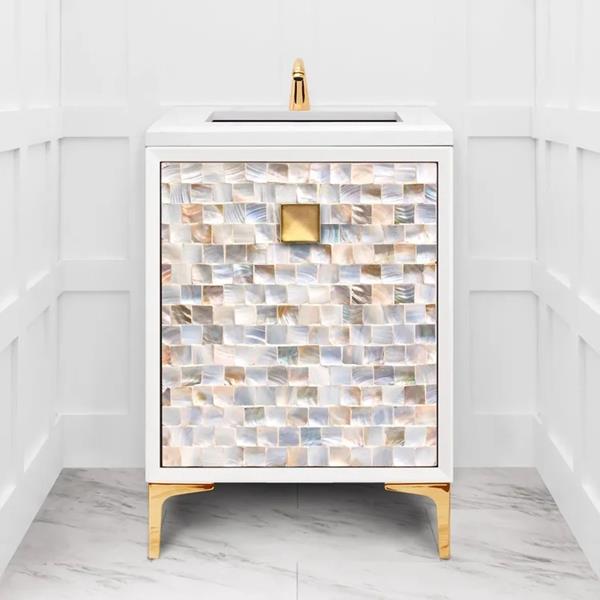 Linkasink - Shell 24 Inch White Vanity With 3 Inch With Eglomise Prism Artisan Glass Hardware