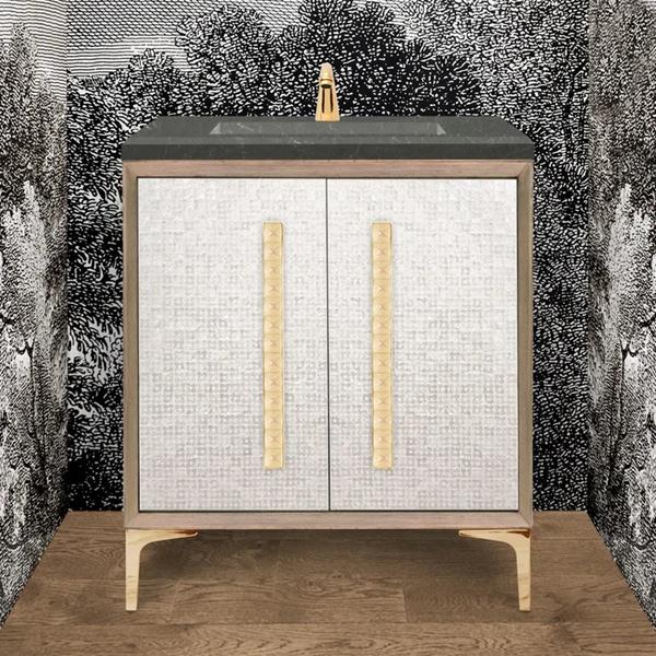Linkasink - Mother Of Pearl 30 Inch Wood Vanity With 18 Inch Artisan Glass Pyramid Hardware