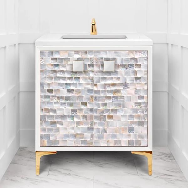 Linkasink - Shell 30 Inch White Vanity With 3 Inch With White Prism Artisan Glass Hardware