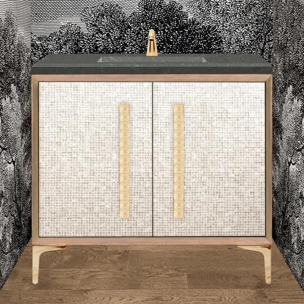 Linkasink - Mother Of Pearl 36 Inch Wood Vanity With 18 Inch Artisan Glass Pyramid Hardware