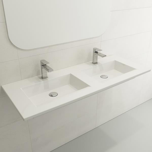 Bocchi - Ravenna Wall-Mounted Sink Fireclay 48 in. Double Bowl for Two 1-Hole Faucets with Overflows
