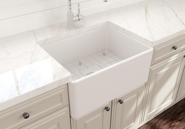 Bocchi - Classico Farmhouse Apron Front Fireclay 24 in. Single Bowl Kitchen Sink with Protective Bottom Grid and Strainer