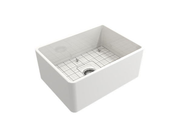 Bocchi - Classico Farmhouse Apron Front Fireclay 24 in. Single Bowl Kitchen Sink with Protective Bottom Grid and Strainer