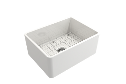 Bocchi - Classico Farmhouse Apron Front Fireclay 24 in. Single Bowl Kitchen Sink with Protective Bottom Grid and Strainer