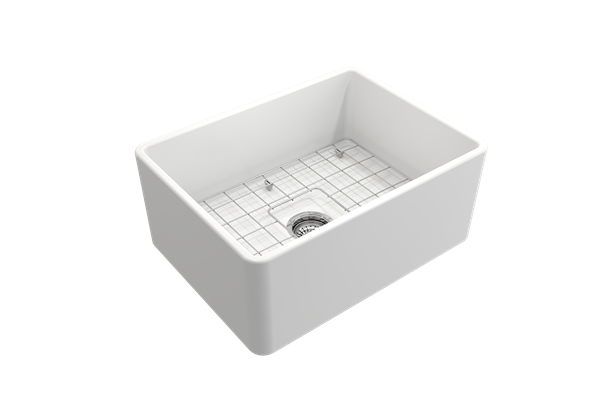 Bocchi - Classico Farmhouse Apron Front Fireclay 24 in. Single Bowl Kitchen Sink with Protective Bottom Grid and Strainer