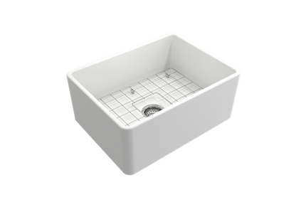 Bocchi - Classico Farmhouse Apron Front Fireclay 24 in. Single Bowl Kitchen Sink with Protective Bottom Grid and Strainer