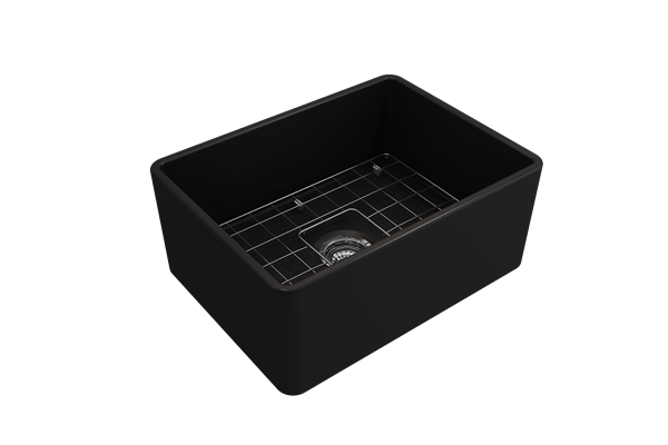 Bocchi - Classico Farmhouse Apron Front Fireclay 24 in. Single Bowl Kitchen Sink with Protective Bottom Grid and Strainer