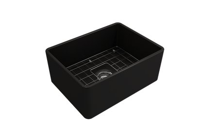 Bocchi - Classico Farmhouse Apron Front Fireclay 24 in. Single Bowl Kitchen Sink with Protective Bottom Grid and Strainer