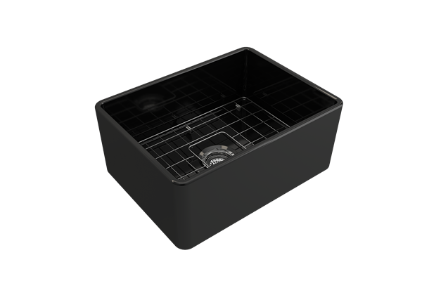 Bocchi - Classico Farmhouse Apron Front Fireclay 24 in. Single Bowl Kitchen Sink with Protective Bottom Grid and Strainer