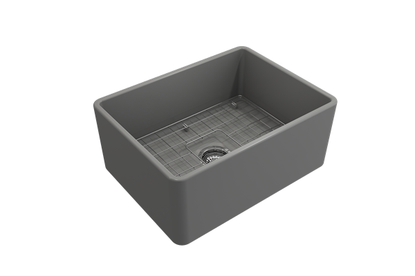 Bocchi - Classico Farmhouse Apron Front Fireclay 24 in. Single Bowl Kitchen Sink with Protective Bottom Grid and Strainer