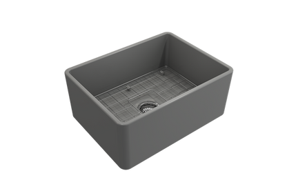 Bocchi - Classico Farmhouse Apron Front Fireclay 24 in. Single Bowl Kitchen Sink with Protective Bottom Grid and Strainer