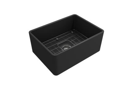 Bocchi - Classico Farmhouse Apron Front Fireclay 24 in. Single Bowl Kitchen Sink with Protective Bottom Grid and Strainer