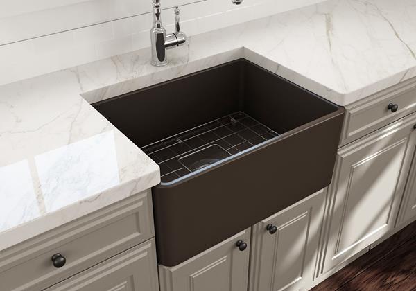 Bocchi - Classico Farmhouse Apron Front Fireclay 24 in. Single Bowl Kitchen Sink with Protective Bottom Grid and Strainer