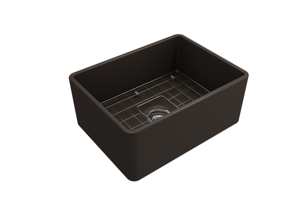 Bocchi - Classico Farmhouse Apron Front Fireclay 24 in. Single Bowl Kitchen Sink with Protective Bottom Grid and Strainer