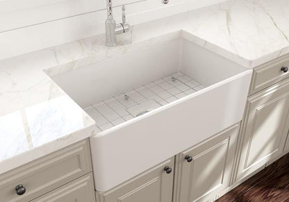 Bocchi - Classico Farmhouse Apron Front Fireclay 30 in. Single Bowl Kitchen Sink with Protective Bottom Grid and Strainer