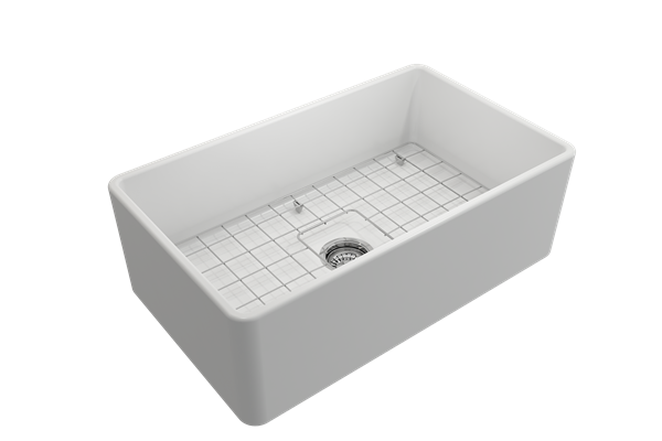 Bocchi - Classico Farmhouse Apron Front Fireclay 30 in. Single Bowl Kitchen Sink with Protective Bottom Grid and Strainer