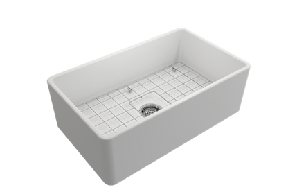 Bocchi - Classico Farmhouse Apron Front Fireclay 30 in. Single Bowl Kitchen Sink with Protective Bottom Grid and Strainer