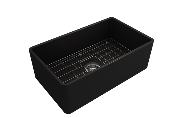 Bocchi - Classico Farmhouse Apron Front Fireclay 30 in. Single Bowl Kitchen Sink with Protective Bottom Grid and Strainer