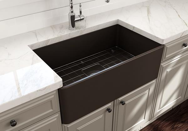 Bocchi - Classico Farmhouse Apron Front Fireclay 30 in. Single Bowl Kitchen Sink with Protective Bottom Grid and Strainer